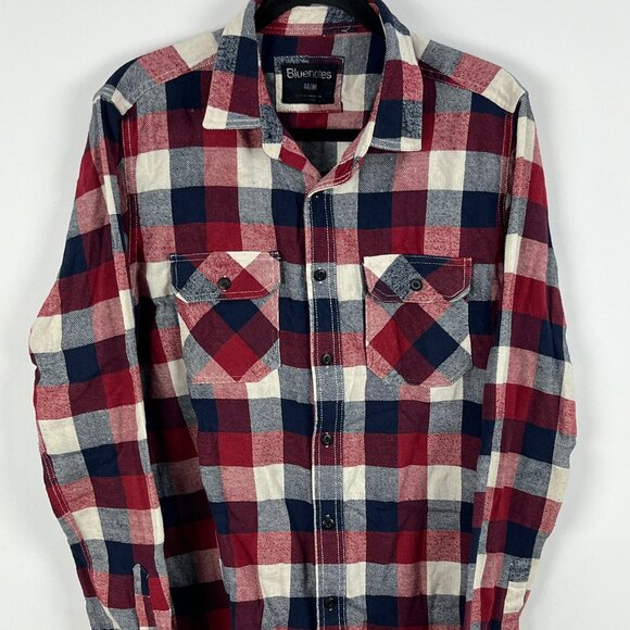 Bluenotes Casual Button Down Shirt Size M Red Blue Check Long Sleeve Pockets Cot - Picture 1 of 8